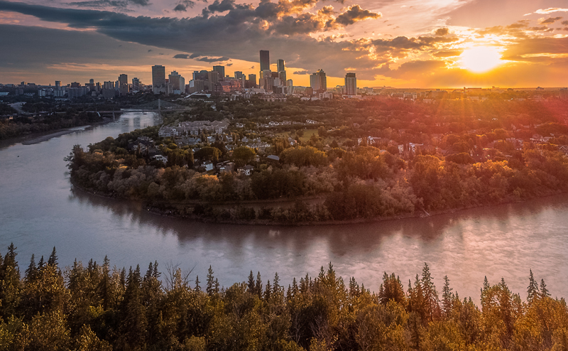 Aerial view of Edmonton's skyline.