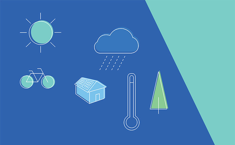 Graphic showing the sun, a bicycle, rain cloud, home, thermometer and a tree.