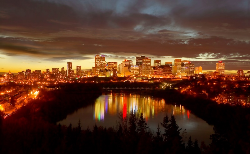 Night time exposure photo of downtown Edmonton
