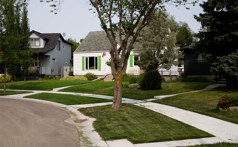 A residential street with new sidewalks