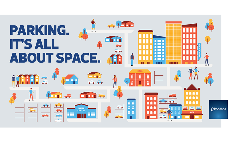 A graphic of a city with "Parking. It's all about space" text.
