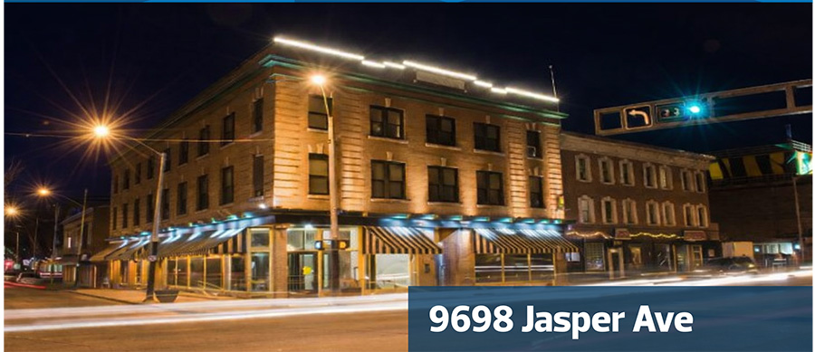 View of the exterior of Goodridge Block at night time