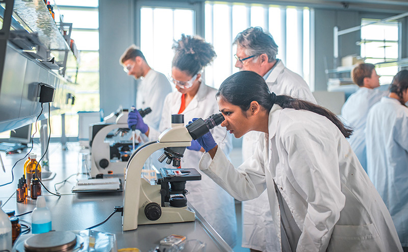 Scientist looks in microscope