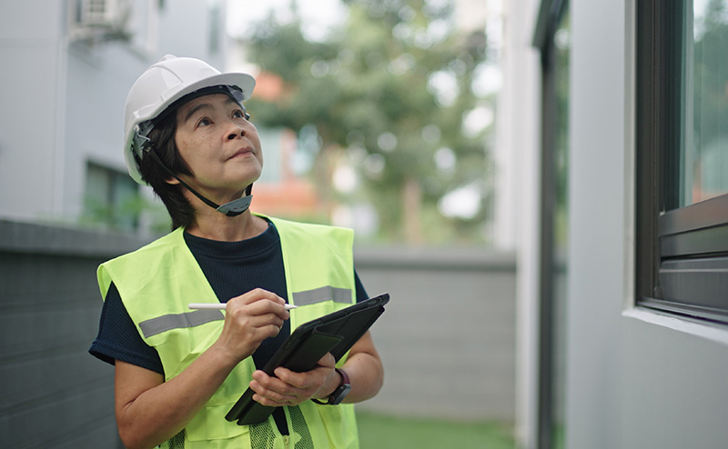 Woman with clipboard inspecting a home