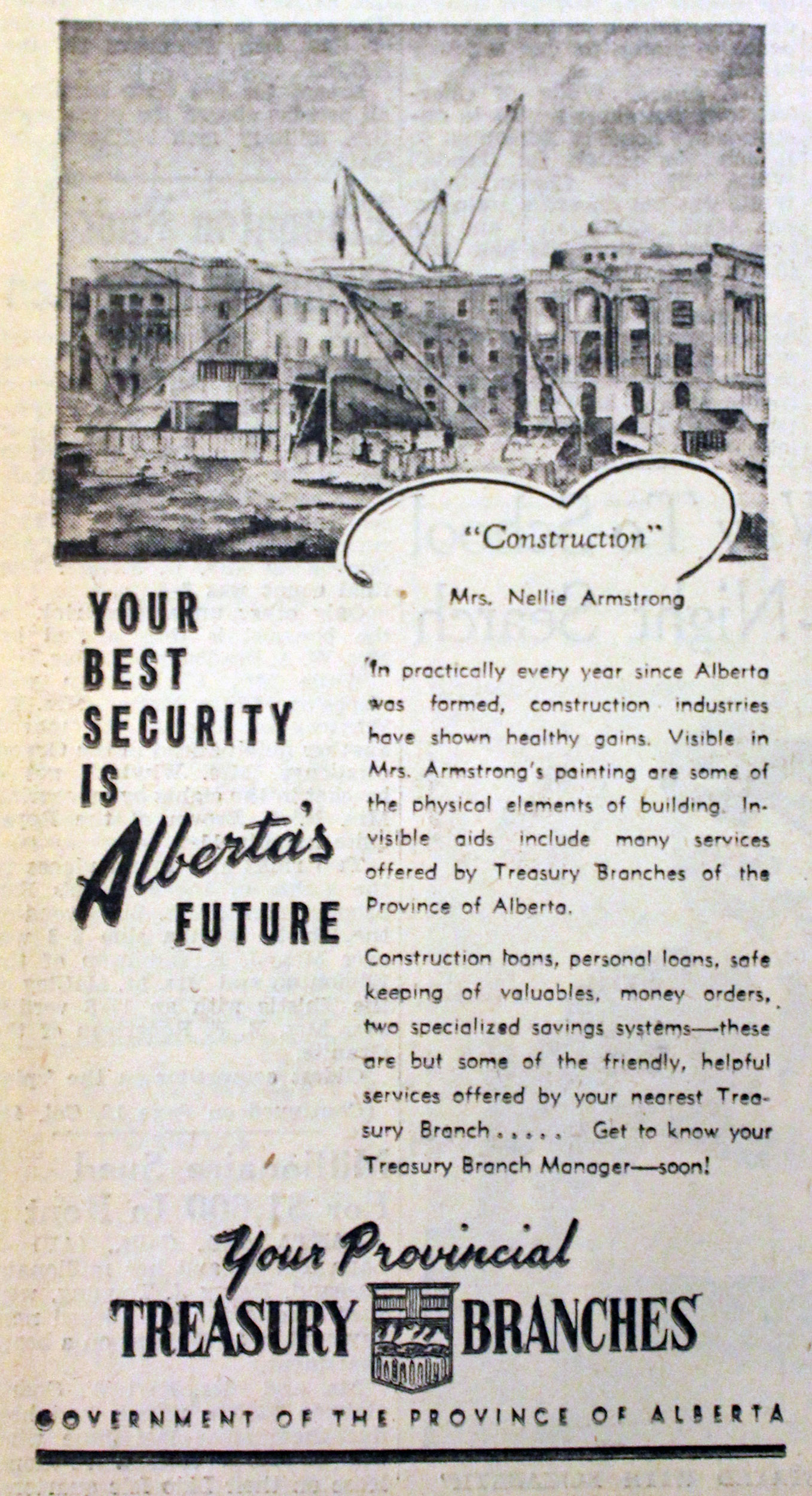 A page out of the Edmonton Journal from 1952, featuring Nellie Armstrong's painting of the Alberta Legislature