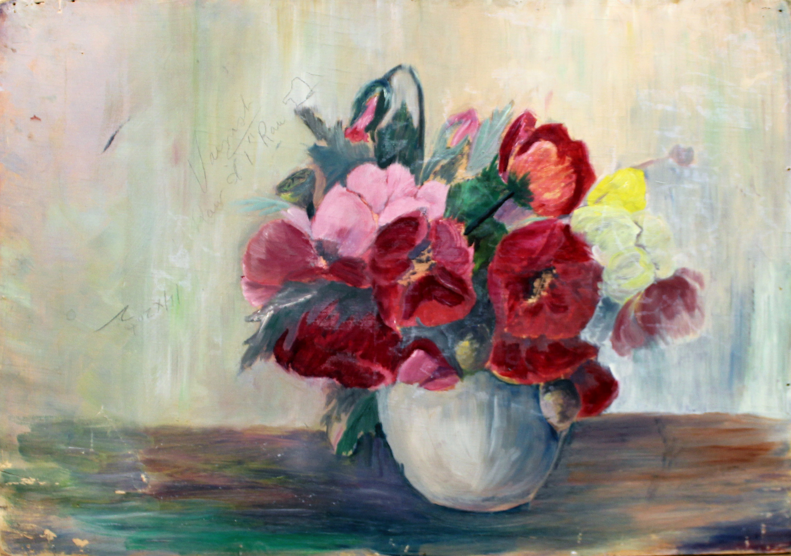 A still life painting of red flowers in a white vase.