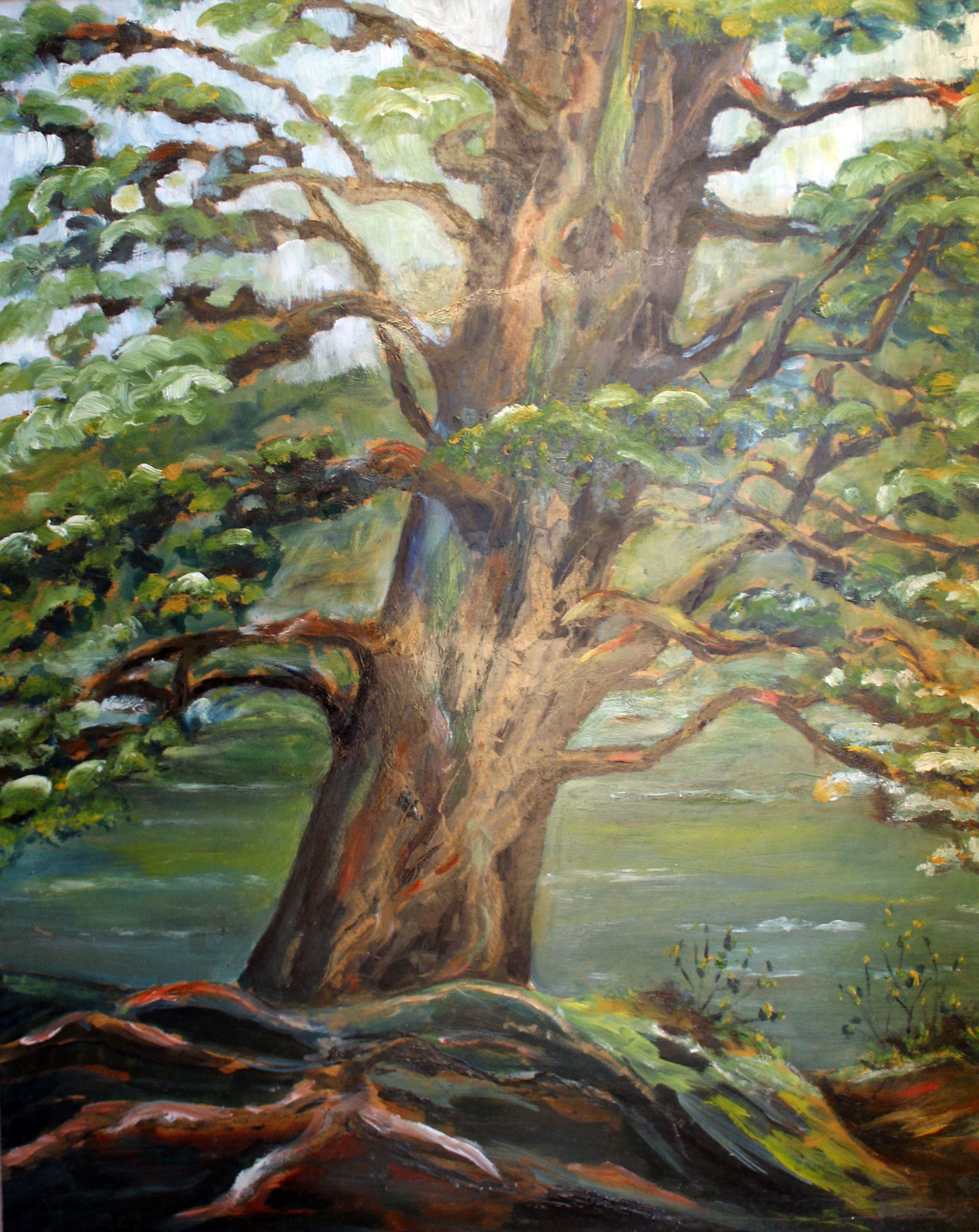 A painting of a large tree.