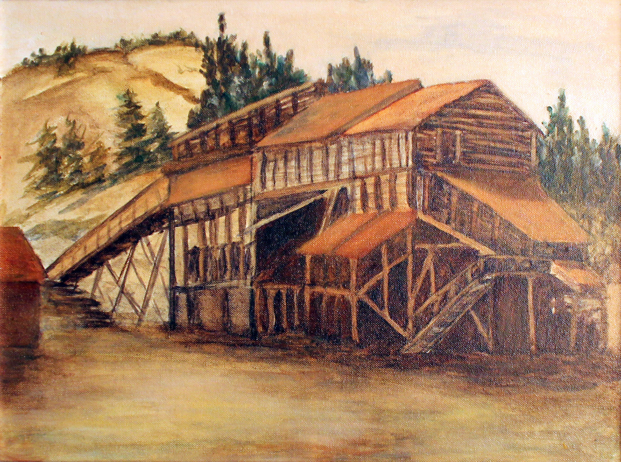 A painting of the outside of an old coal mine, with the building constructed of logs.