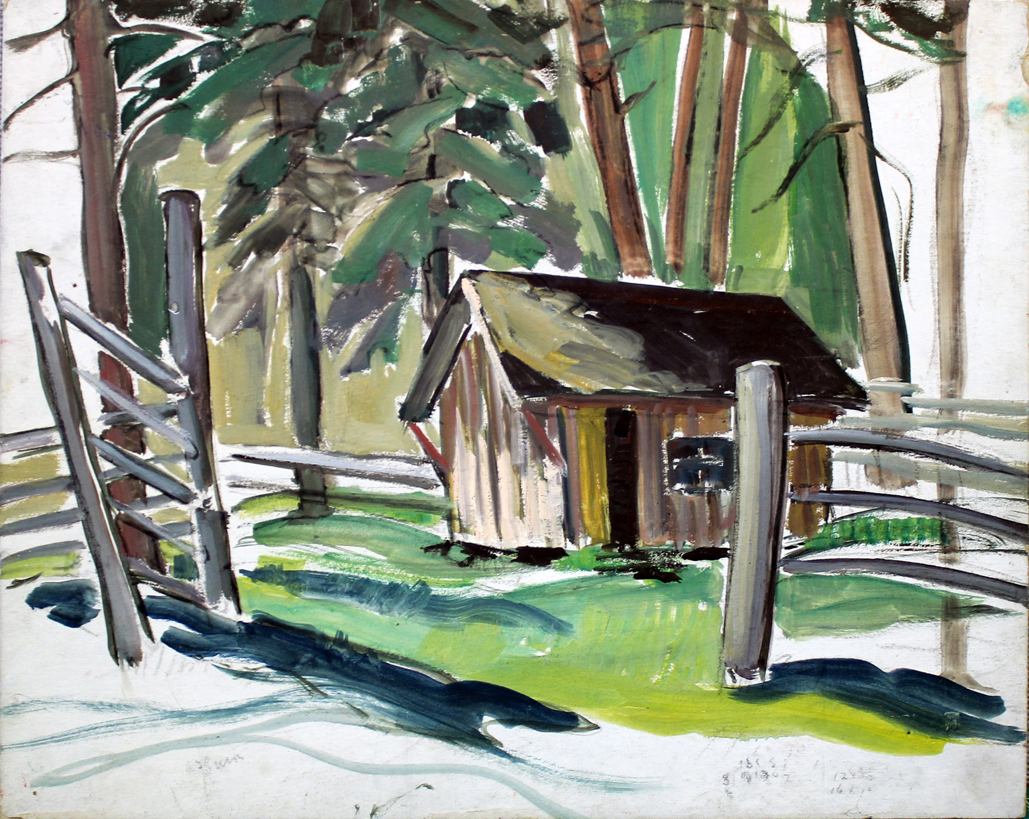 A painting of a small house with a wooden fence in the forest.