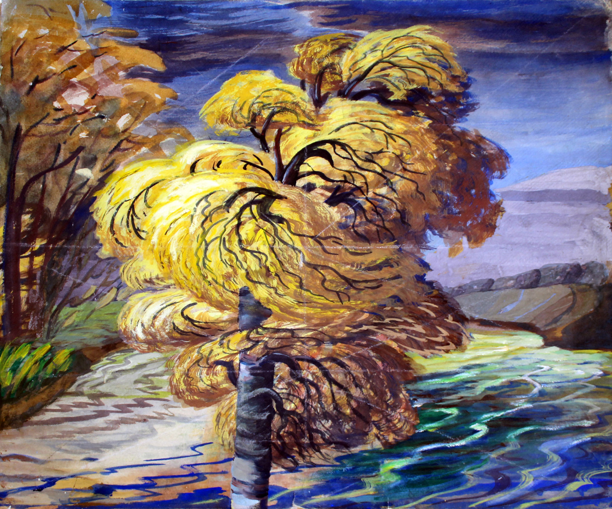 A painting of a tree with orange leaves blowing in the wind, with a dark blue stormy sky.