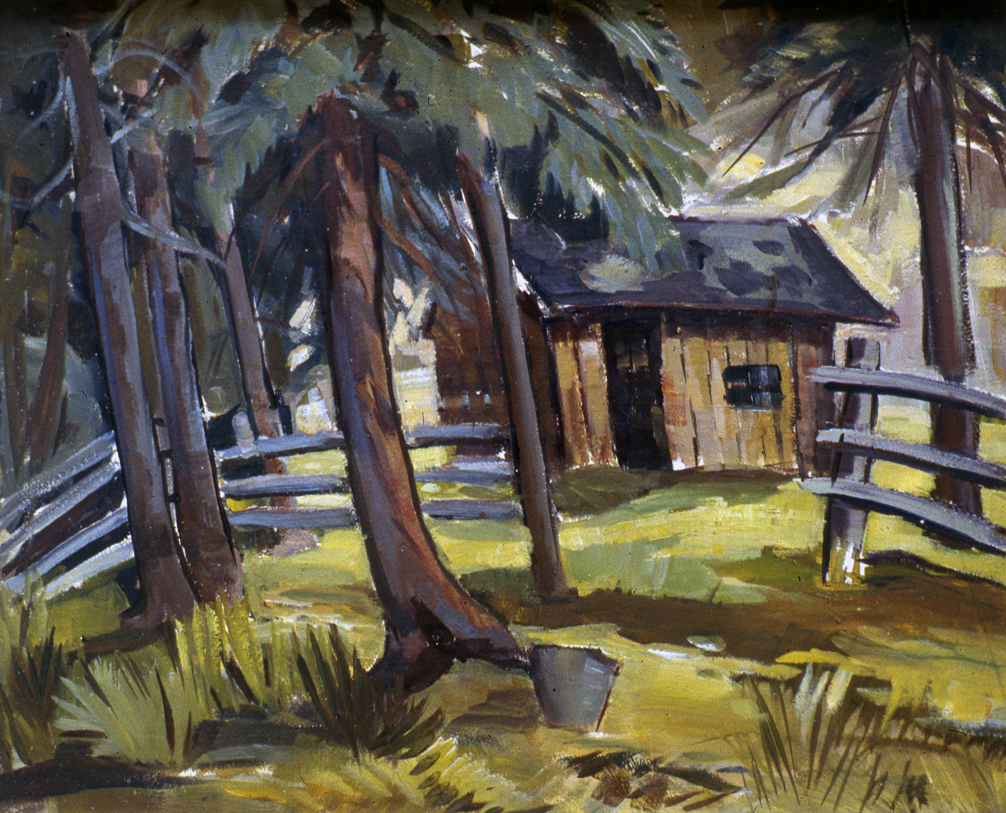 A painting of a small wood house with a fence in a forest. Spruce trees are in the foreground.