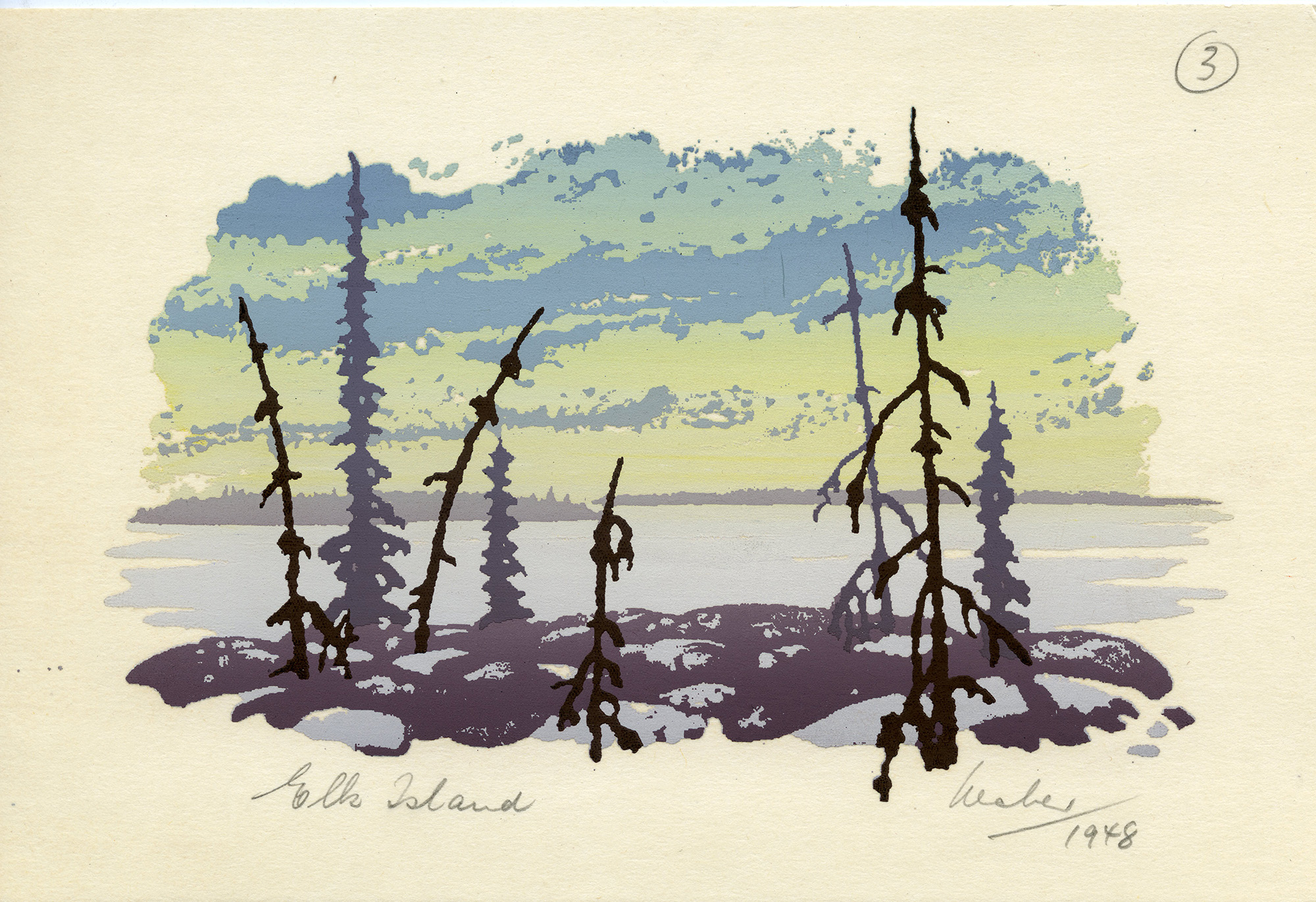 A painting of Elk Island featuring a colourful sunset and the silhouette of pine trees.
