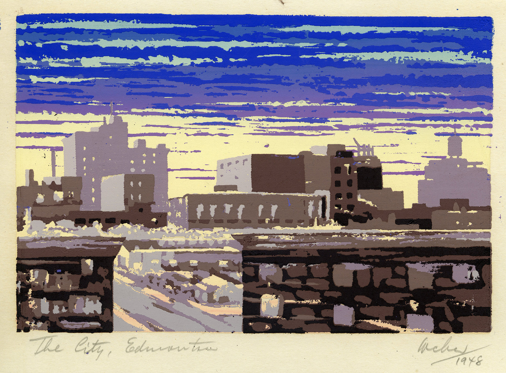 A painting of Edmonton buildings underneath a dark blue sky.