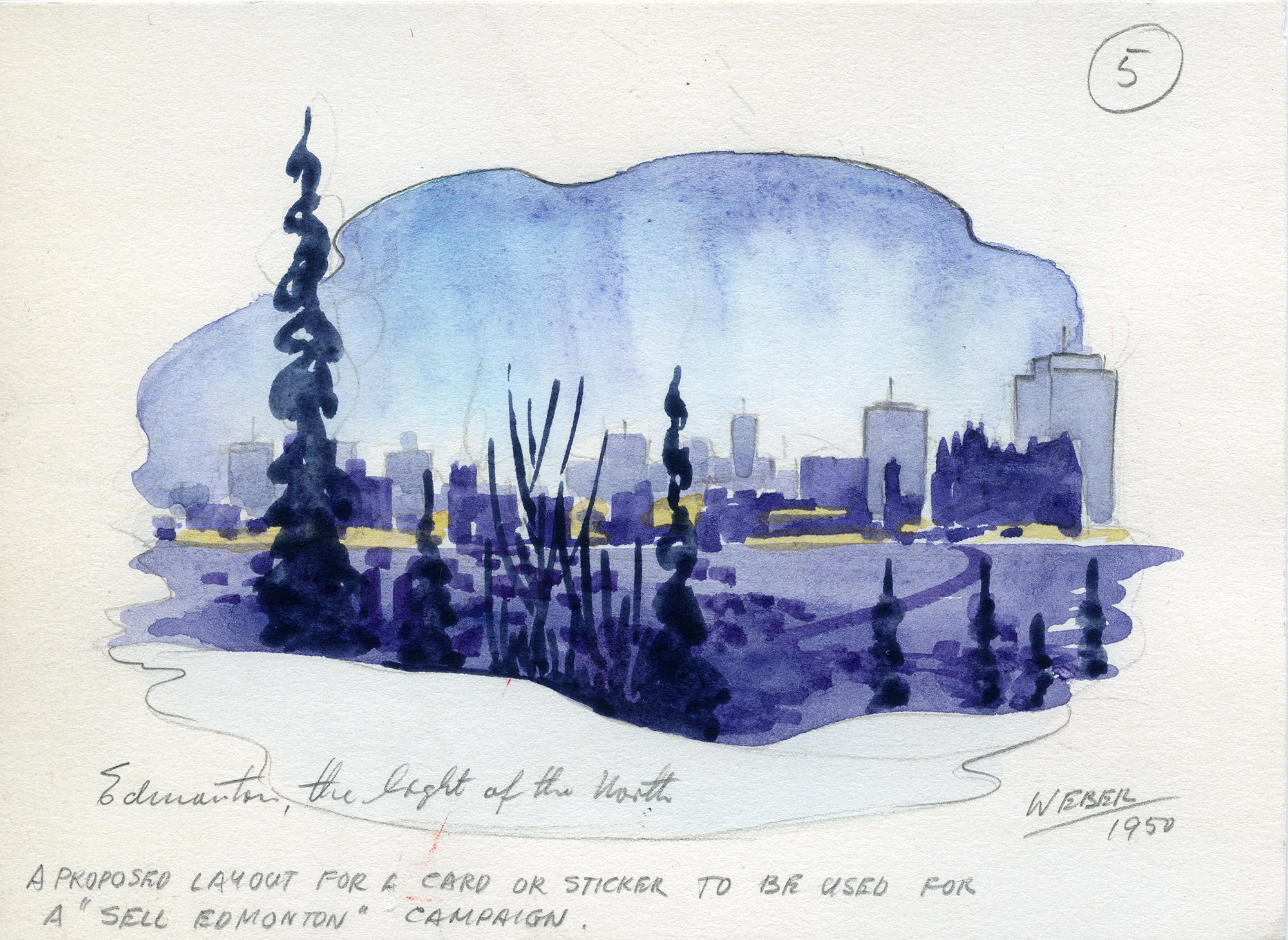 A painting of the Edmonton skyline, with trees and the North Saskatchewan River in the foreground.