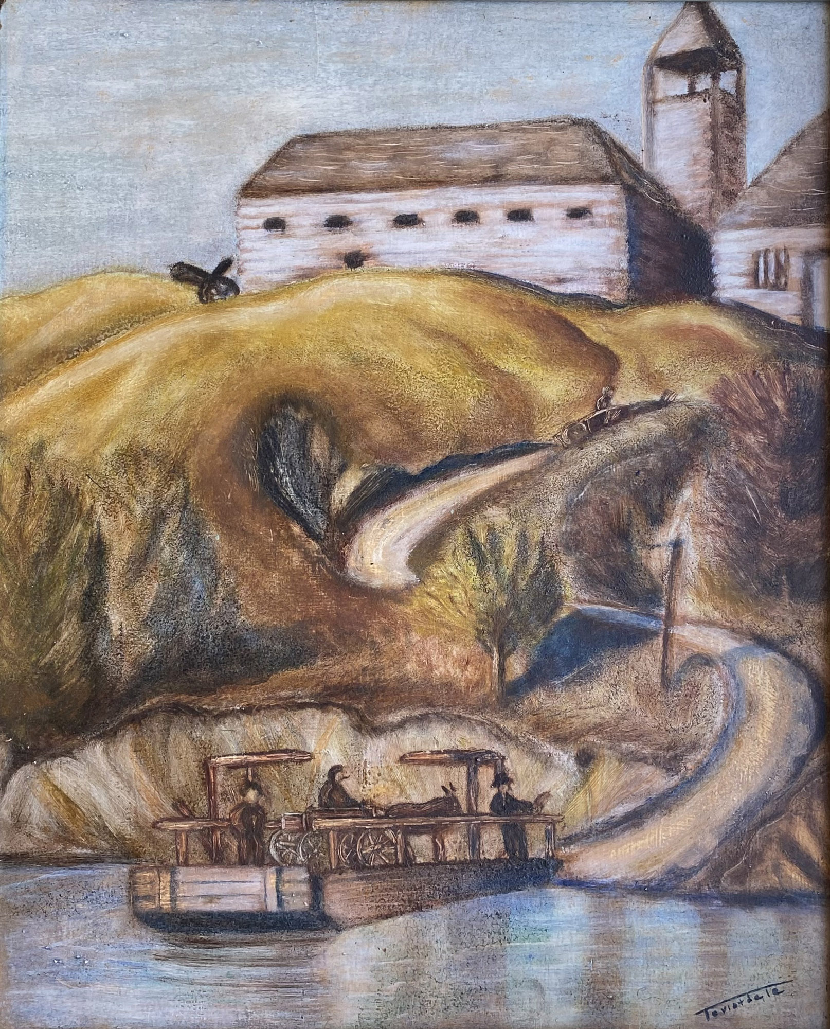 A painting of a Ferry Crossing at Fort Edmonton, featuring a ferry and a wooden structure.