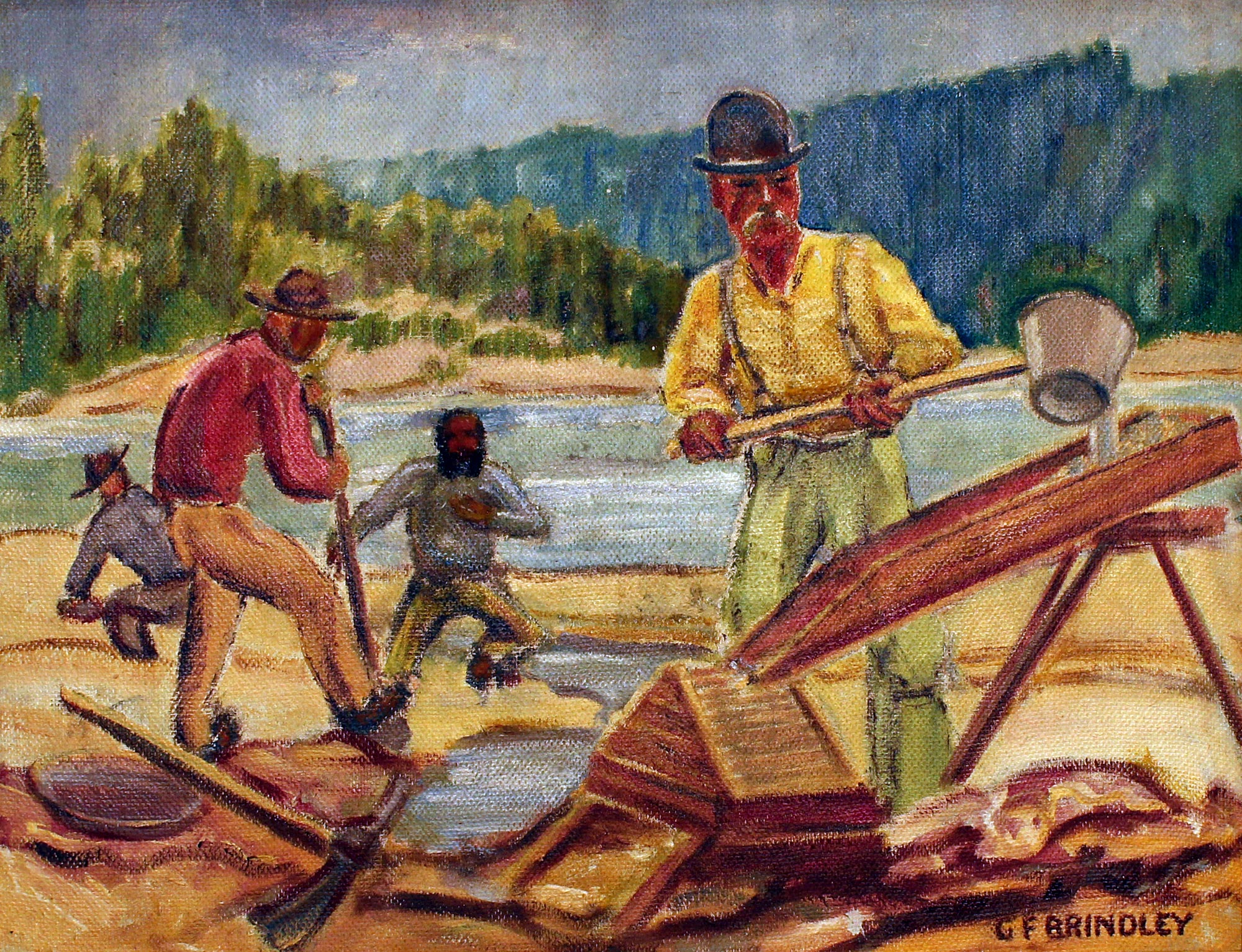 A painting of people gold panning outside.