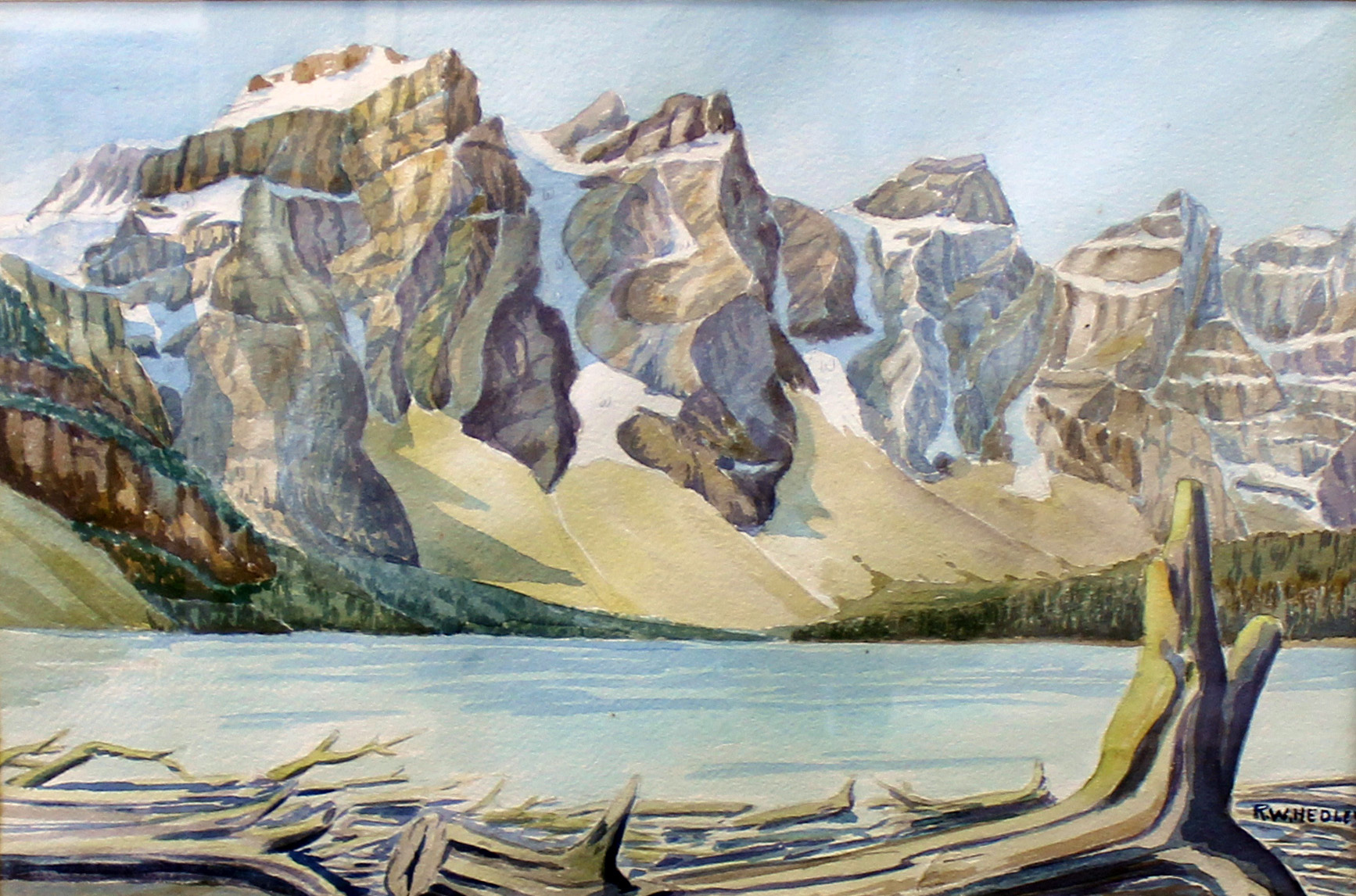 A painting of a lake surrounded by mountains.