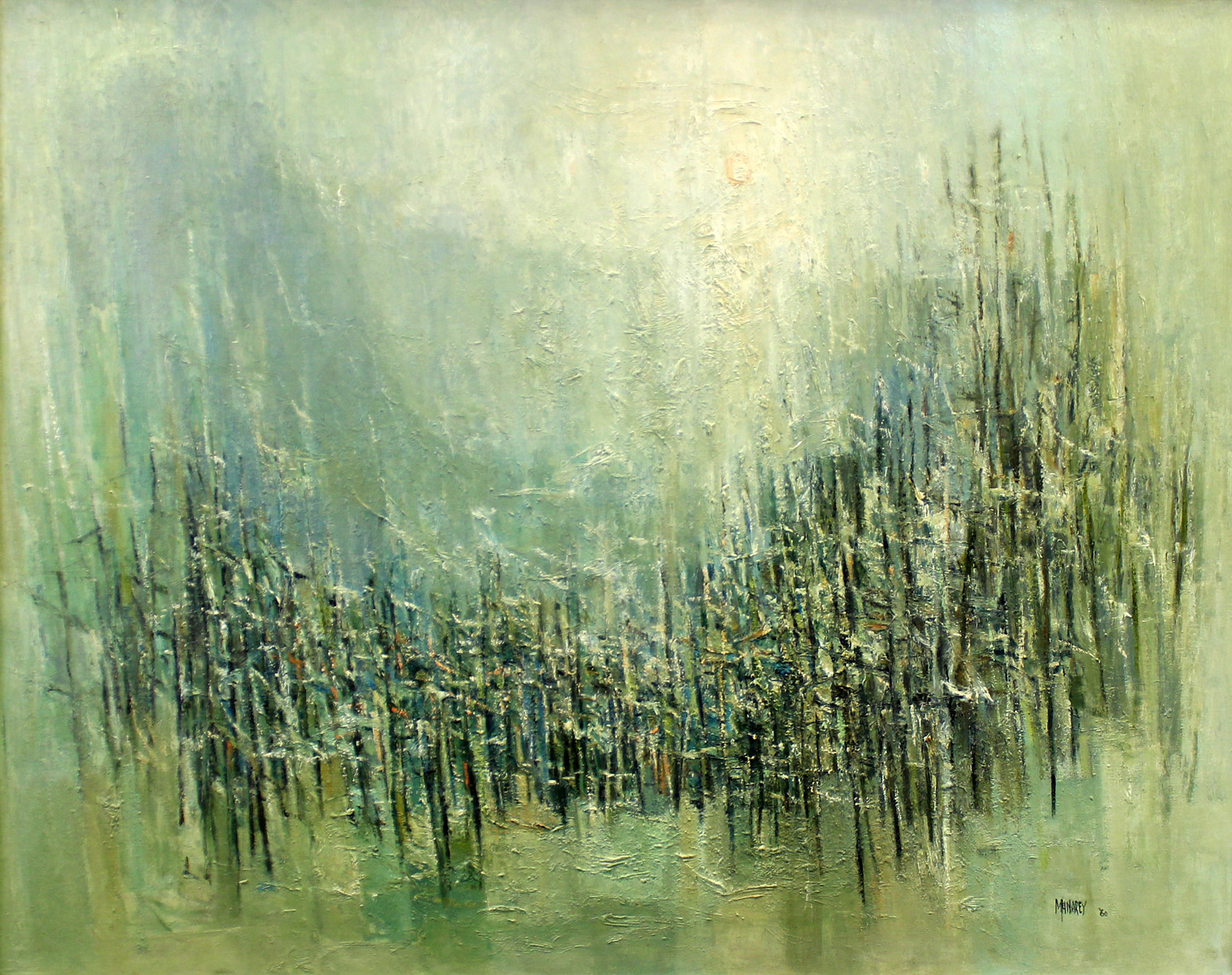 A green abstract painting of a landscape.