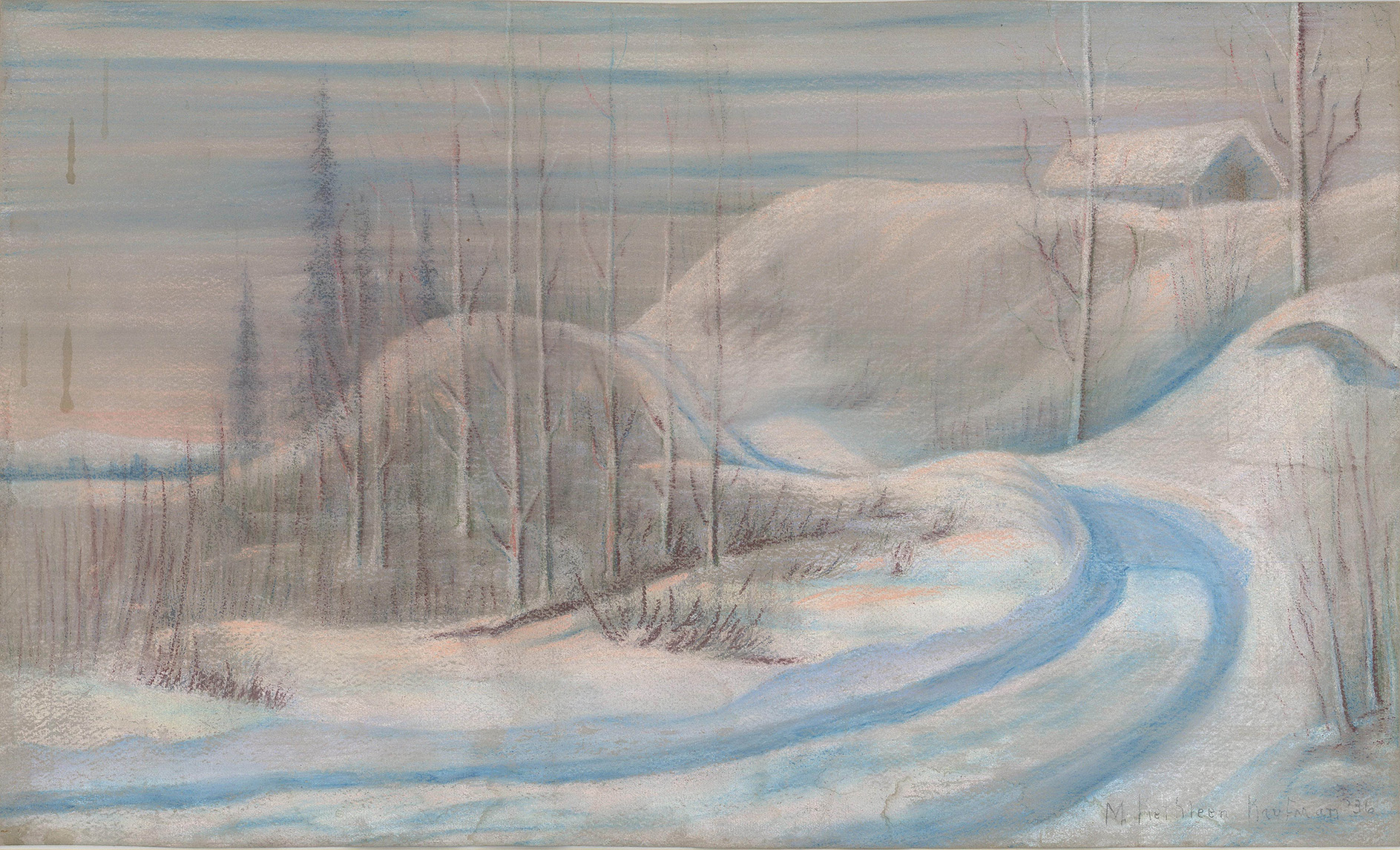 Painting of a forested road in winter.