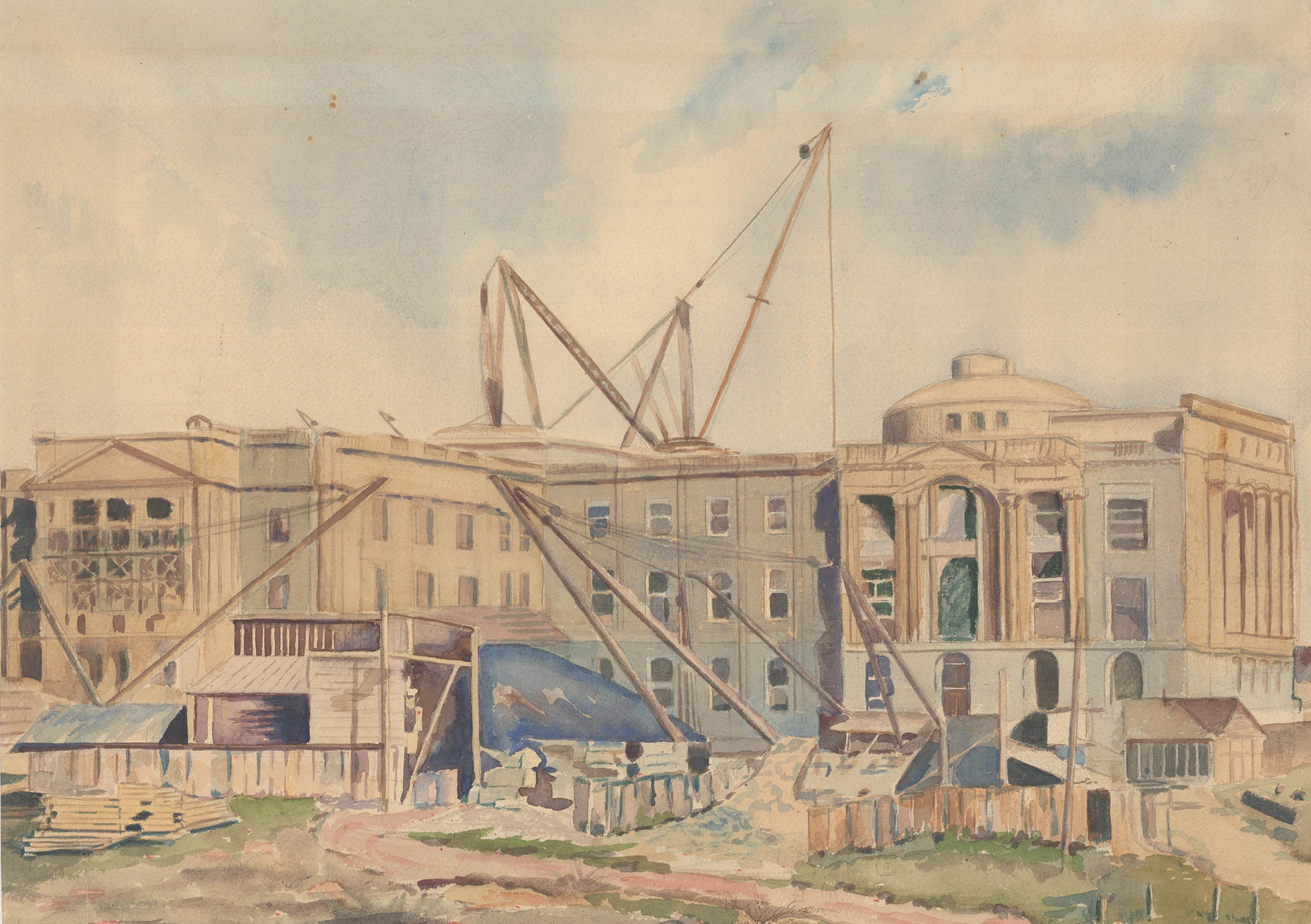 A painting of the Alberta Legislature Building under construction.