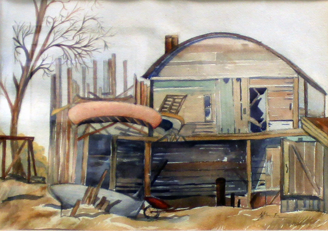A painting of The Old Boat House near the Low Level Bridge; the boat house is constructed of wood and in a mild state of disrepair.