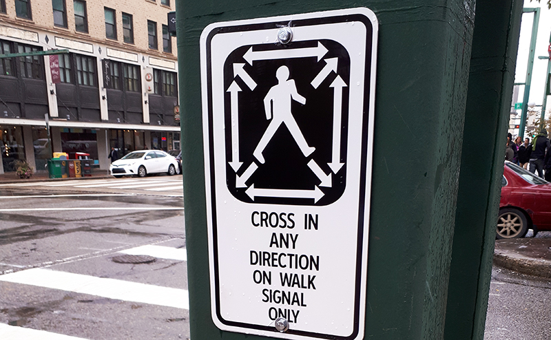 scramble sign on pole that states Cross in any direction on walk signal only