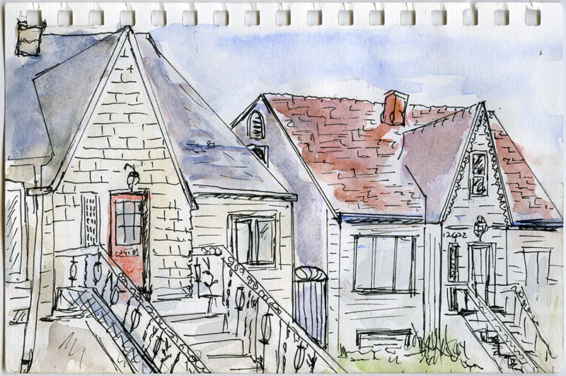 A watercolour sketch of two townhouses.