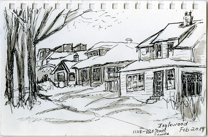 A sketch of a row of townhouses and trees in the winter.