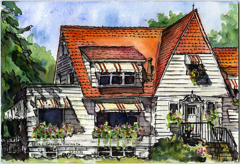 A vibrant painting of a two storey house with a orange roof. this house has flowers on the windowsills and green trees behind it. 
