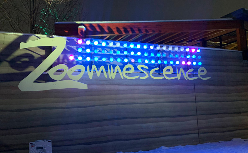 Zoominescence sign illuminated with lights.