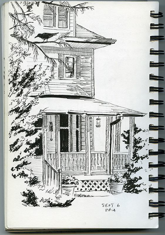 A black and white line drawing of a two storey house, partially obscured by a pine tree. The drawing is a close-up of the house, so only half of the house is drawn.. 