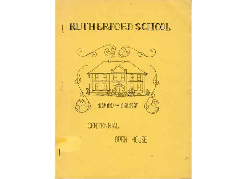 The cover of a yellow open house booklet for Rutherford School.