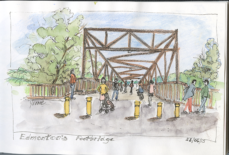 A sketch of the entrance to the Cloverdale Footbridge, with people walking across it.