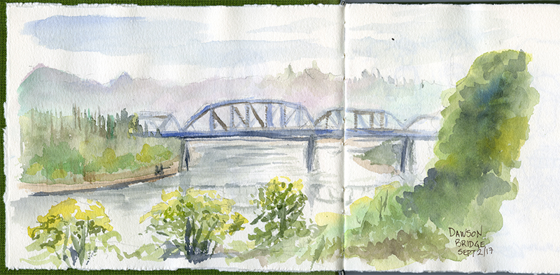 A watercolour painting of a truss bridge over a river, with a forest along the water.