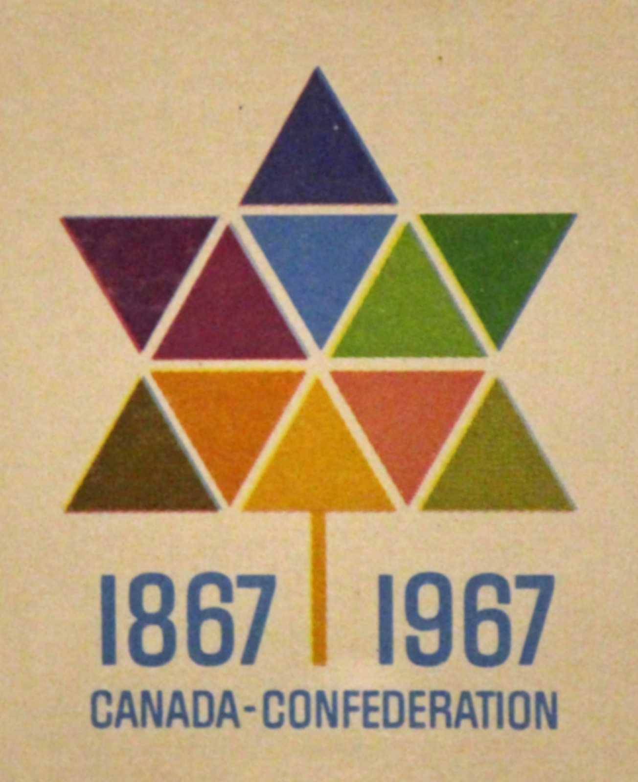A poster of a maple leaf constructed of various coloured triangles, and text that reads "1867-1967 Canada-Confederation".