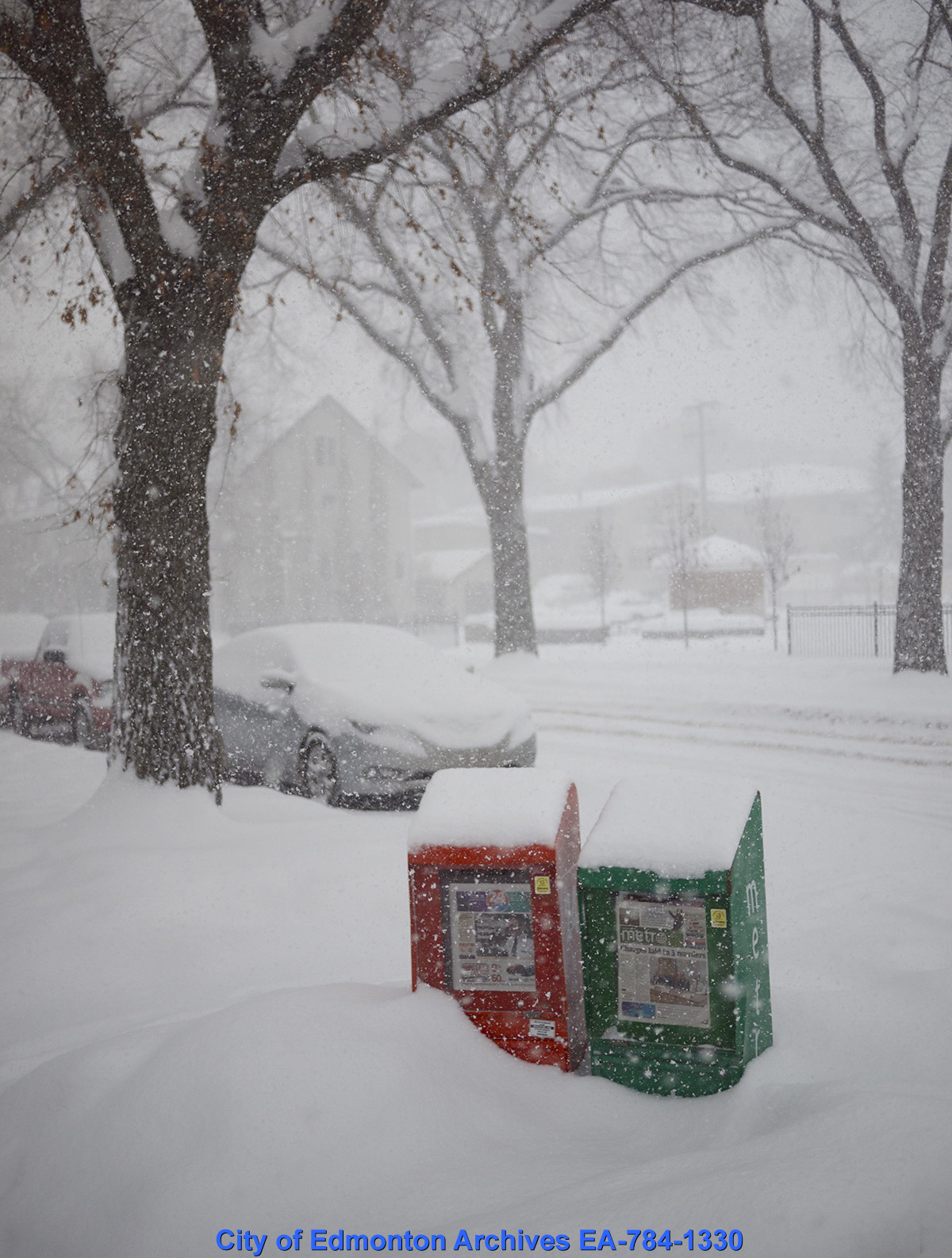 An Edmonton street, vehicles, and newspaper stands covered in a thick layer of snow.