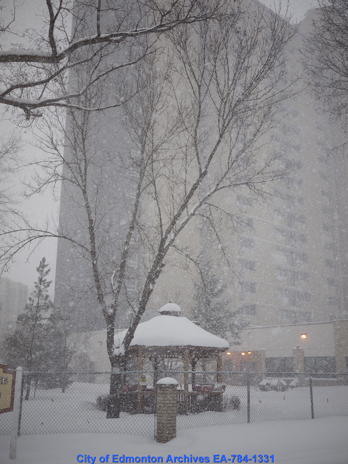 A wooden gazebo covered in snow in downtown Edmonton while it is heavily snowing.