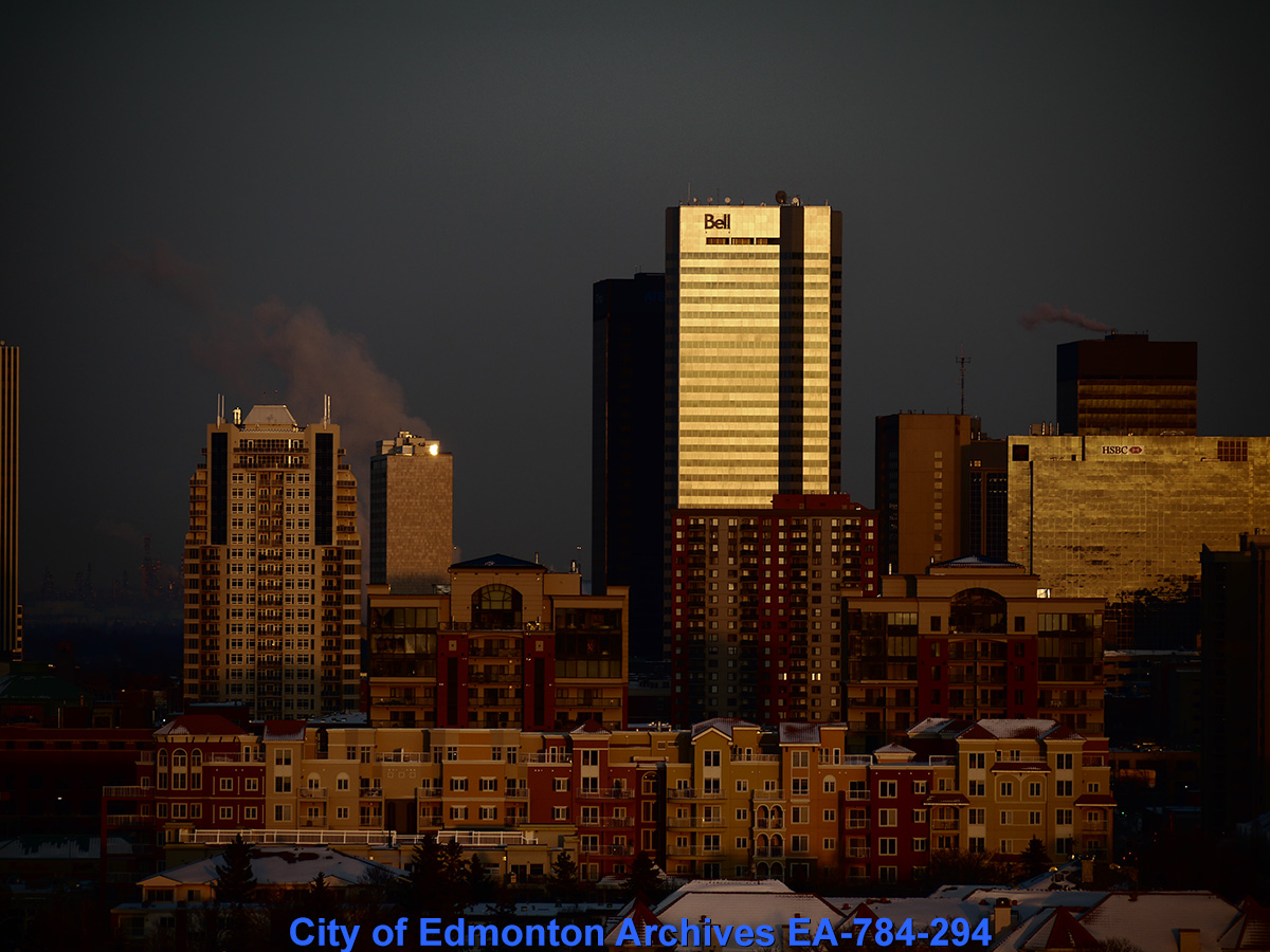 Buildings in Edmonton, with the image edited to be dark and low contrast