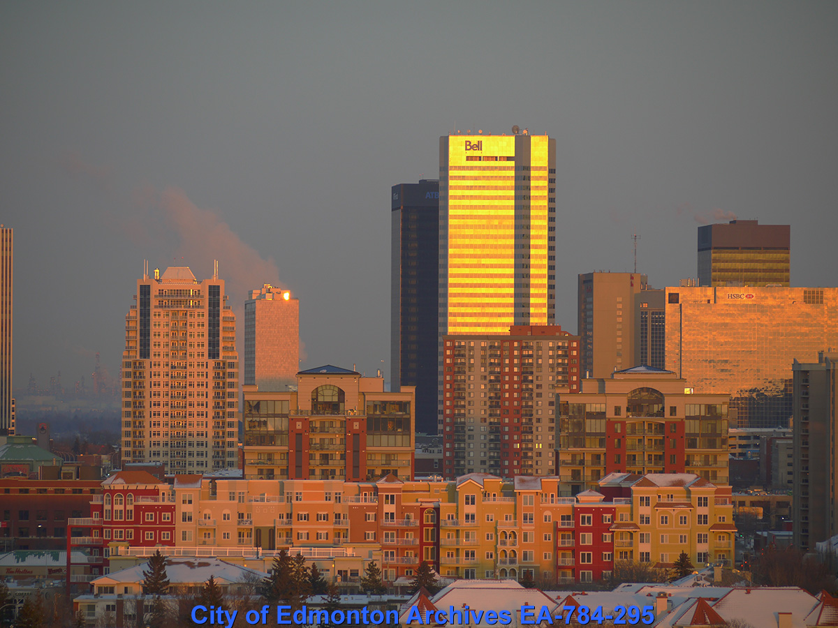 Buildings in Edmonton, with the image edited to have brighter and more vibrant colours