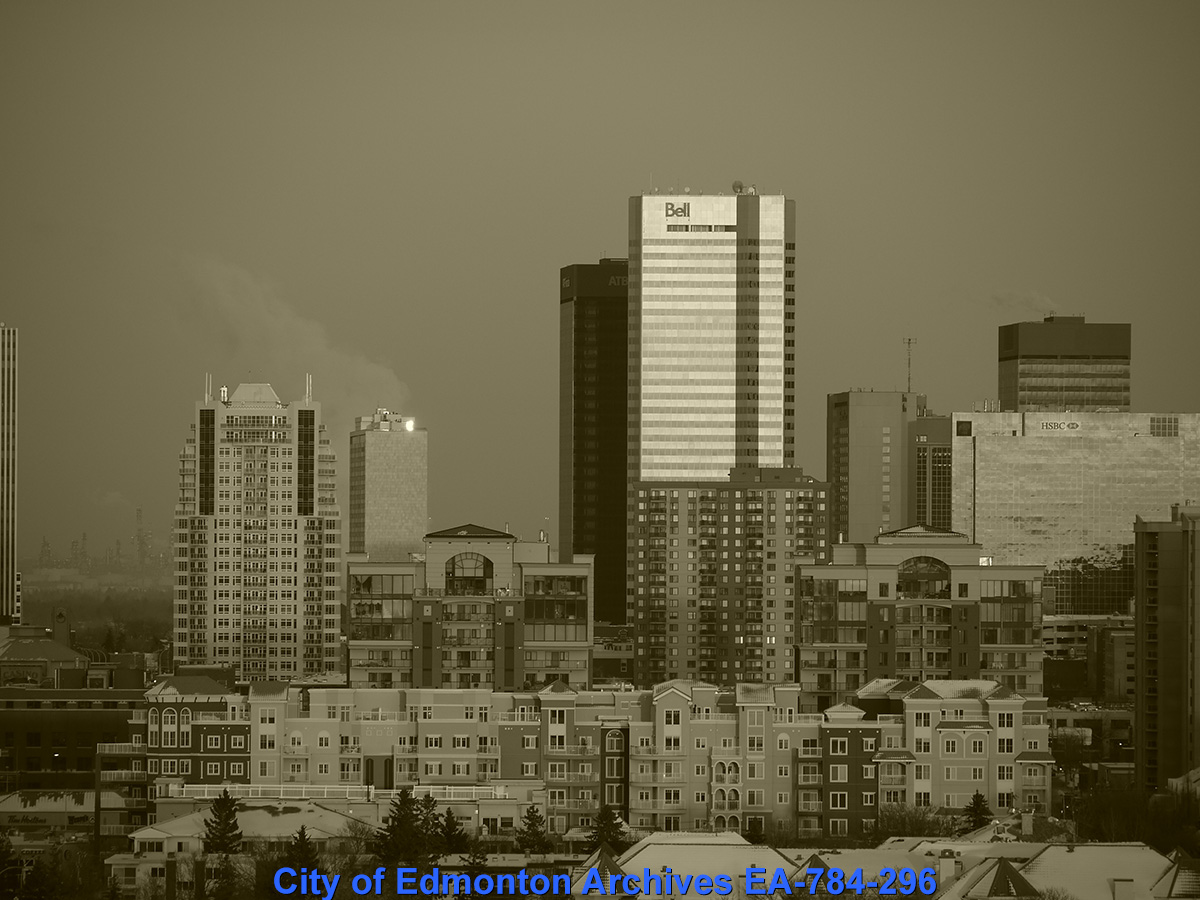 Buildings in Edmonton, with the image edited to be black and white.