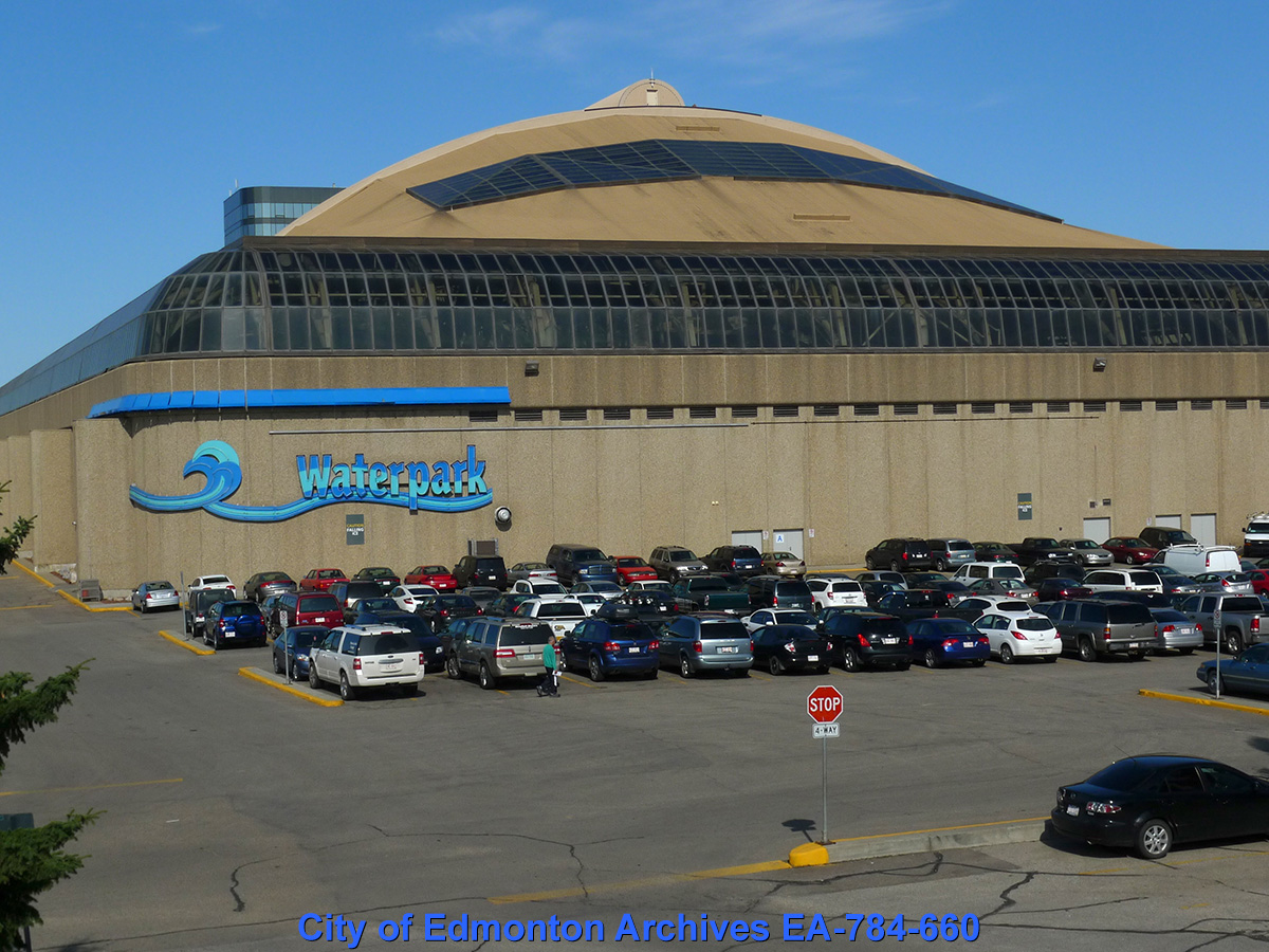 The exterior of West Edmonton Mall's waterpark, as seen from the parking lot.