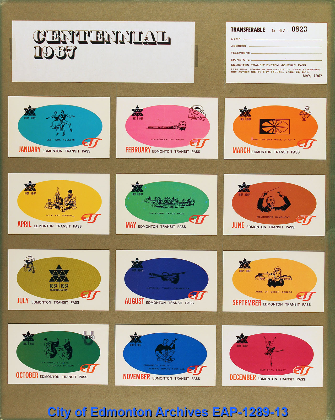 Monthly bus passes for each month of 1967, each with a different colour and centennial themed illustration.
