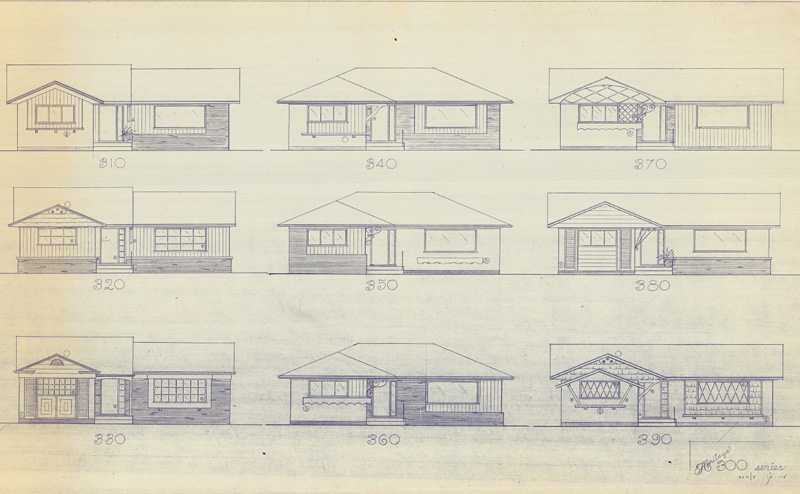 Drawings of 9 different house fronts.