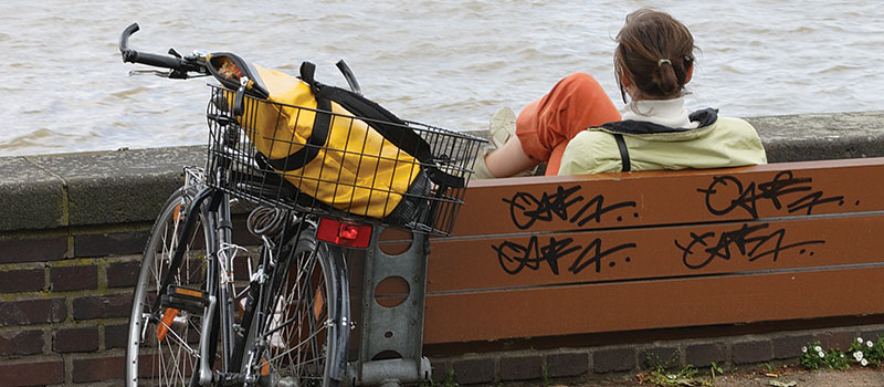 Graffiti on the back of a bench.