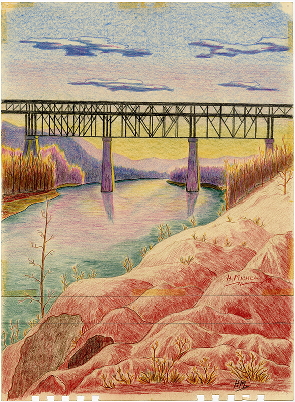 A sketch of the High Level Bridge spanning over a river during the sunset.