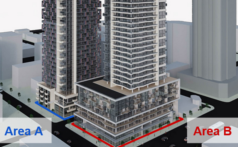 Rendering of base of buildings showing Area A and Area B