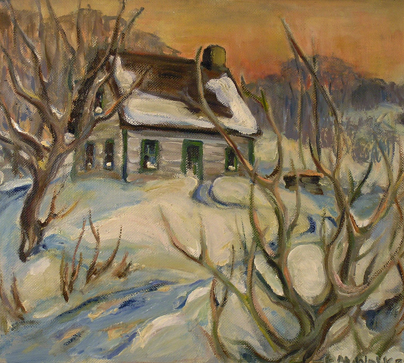 A painting of a small wooden cottage-like house in winter, framed by bare trees.