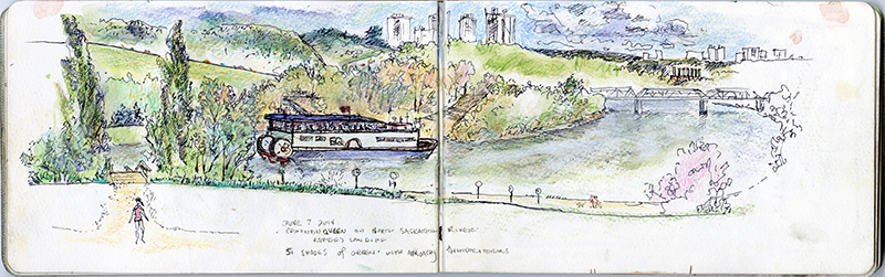 A sketch of the Edmonton River Valley with the Low Level Bridge (a truss bridge) in the distance, and the Riverboat in the river.