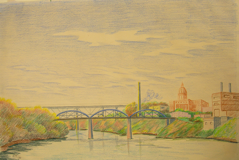 A sketch of the Old Walterdale Bridge (a truss bridge), spanning over a river, with the Alberta Legislature in the background