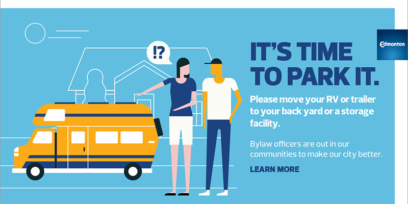 A banner depicting two illustrated people standing near an RV, with messaging stating "Please move your RV or trailer to your back yard or a storage facility"